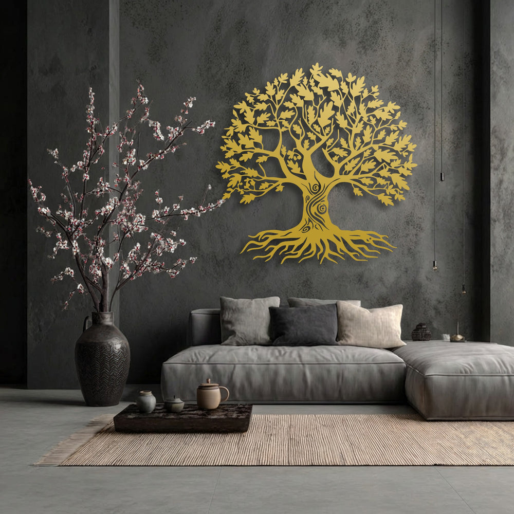 The abstract golden Tree of Life metal wall decor captivates with its stylized branches and swirling roots, a profound symbolic nature design.