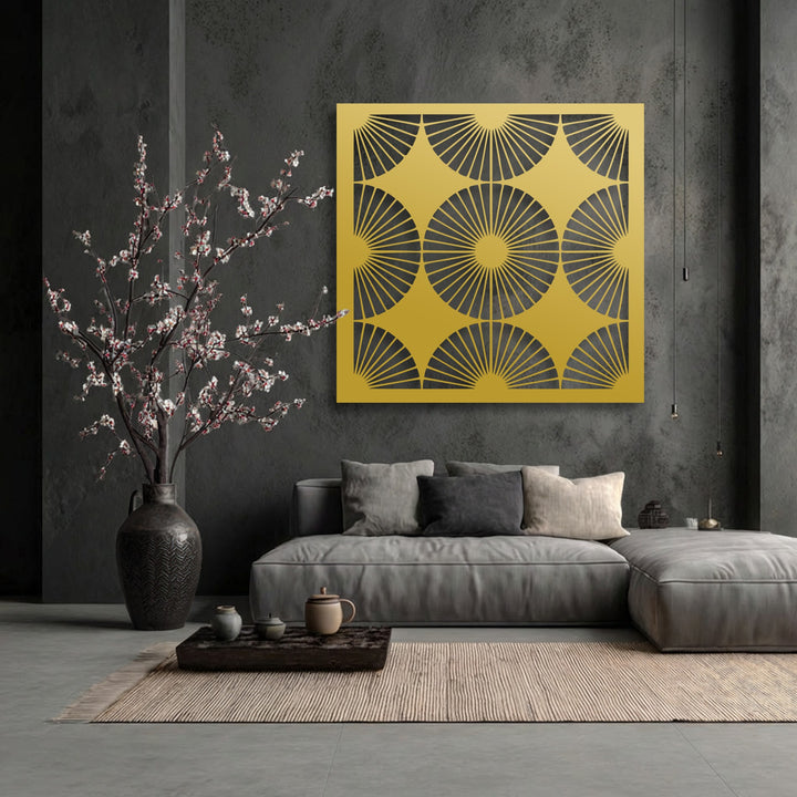 The radiant, smooth metallic luster of this geometric symmetry decorative metal art perfectly highlights the modern fan design.