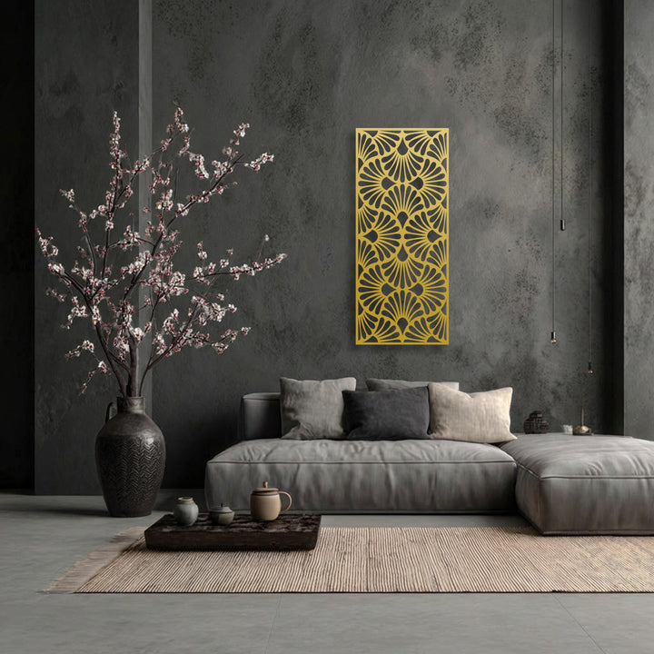 A prominent gold unique metal wall art panel features an Art Deco fan pattern, creating a striking geometric accent.