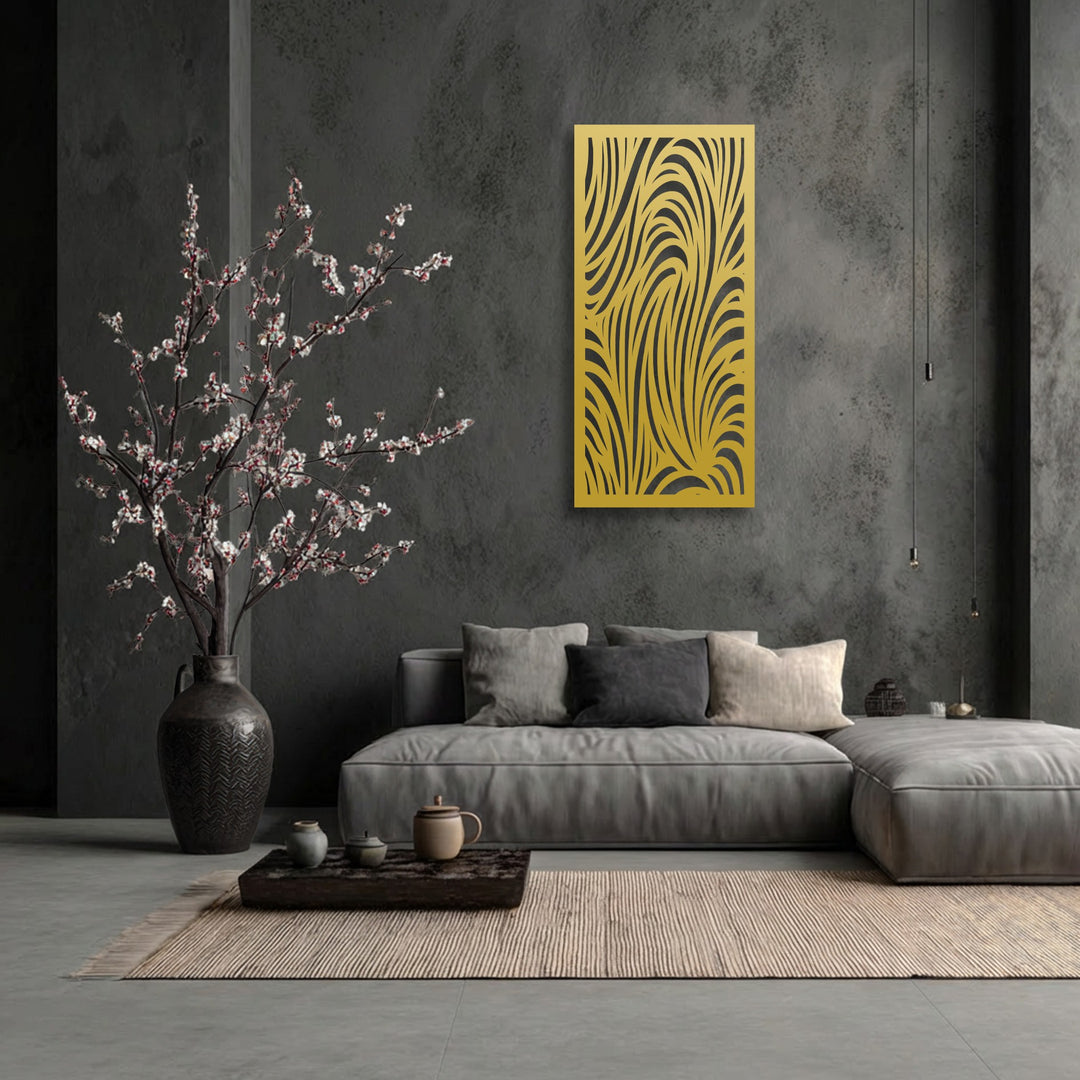 The organic, flowing stripes of the gold abstract wave pattern metal decoration wall art create a dynamic focal point.