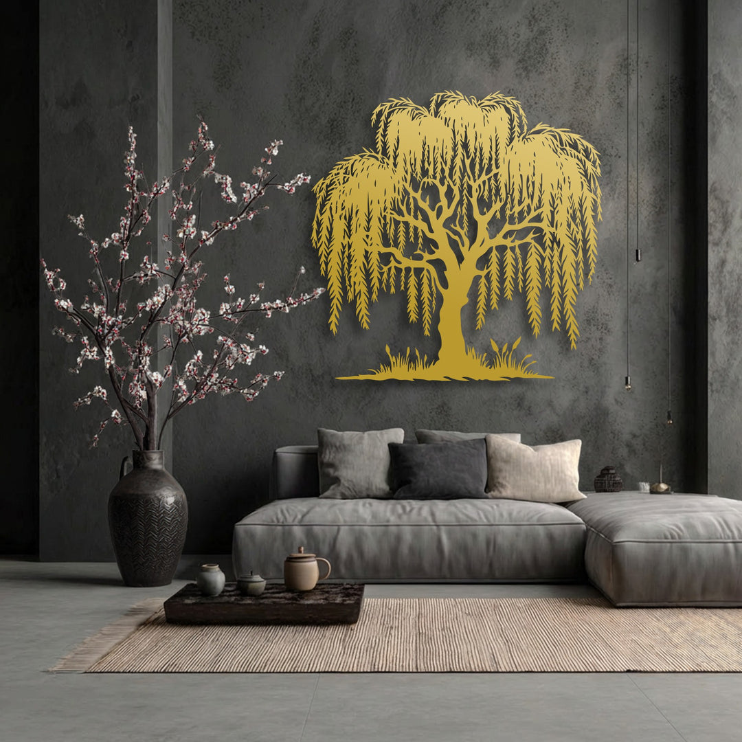 The striking golden willow tree silhouette, a geometric decoration wall art, contrasts with the linear rug and intricate patterns on the vase.