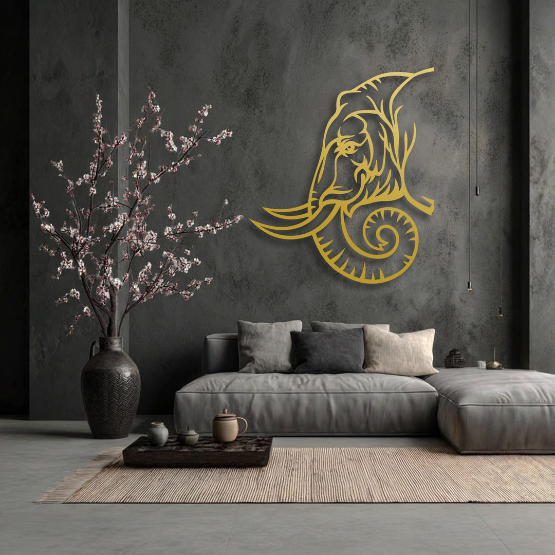 A charcoal grey room featuring a striking golden yellow elephant decoration wall art, creating a regal and modern tribal-inspired design.