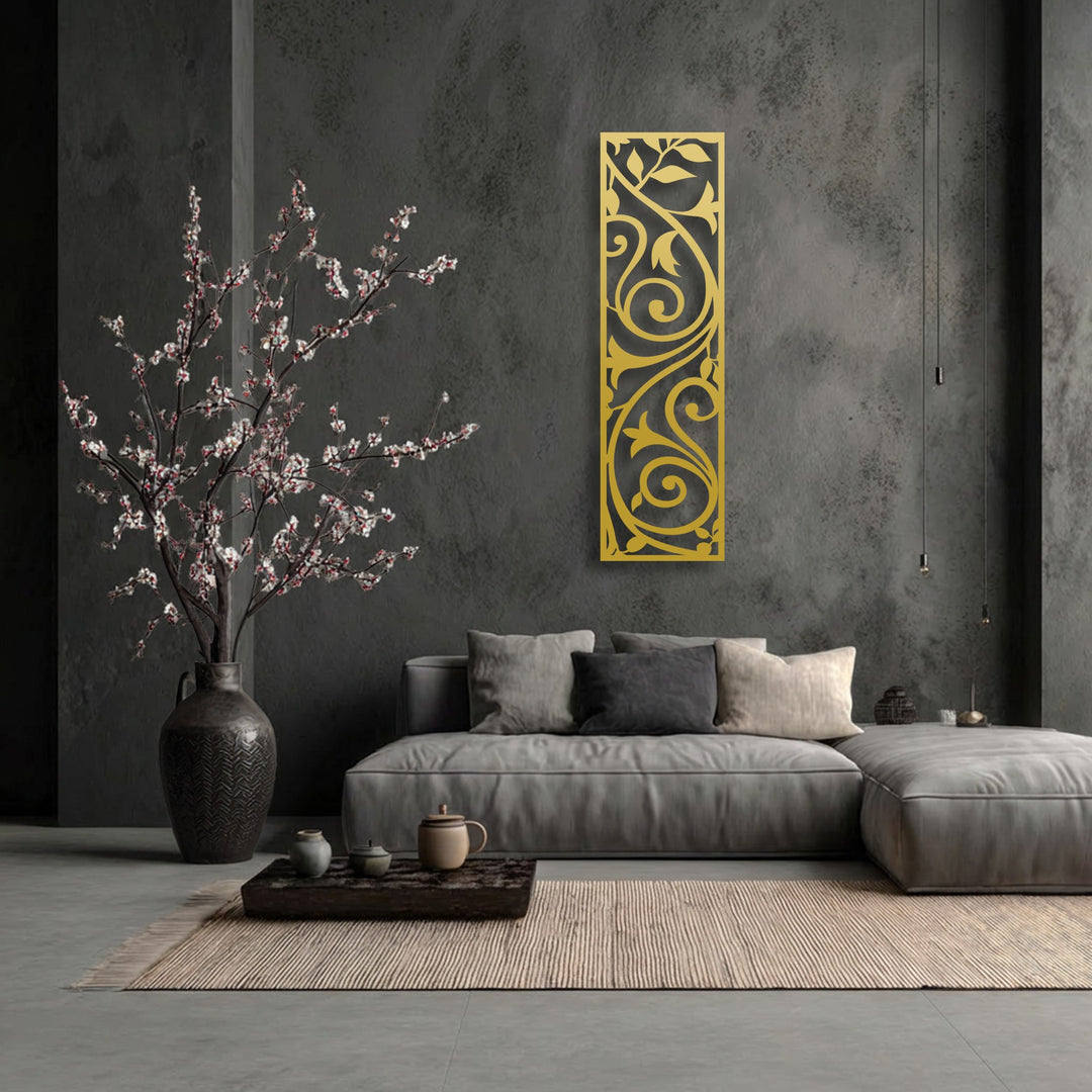 Featuring an abstract quality, the golden vertical decoration wall art displays graceful scroll and vine patterns in a serene, modern setting.