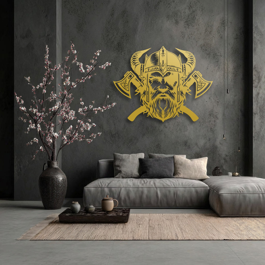 Plush gray sofa cushions soften the modern industrial room where a fierce Viking warrior decorative metal art piece commands attention.