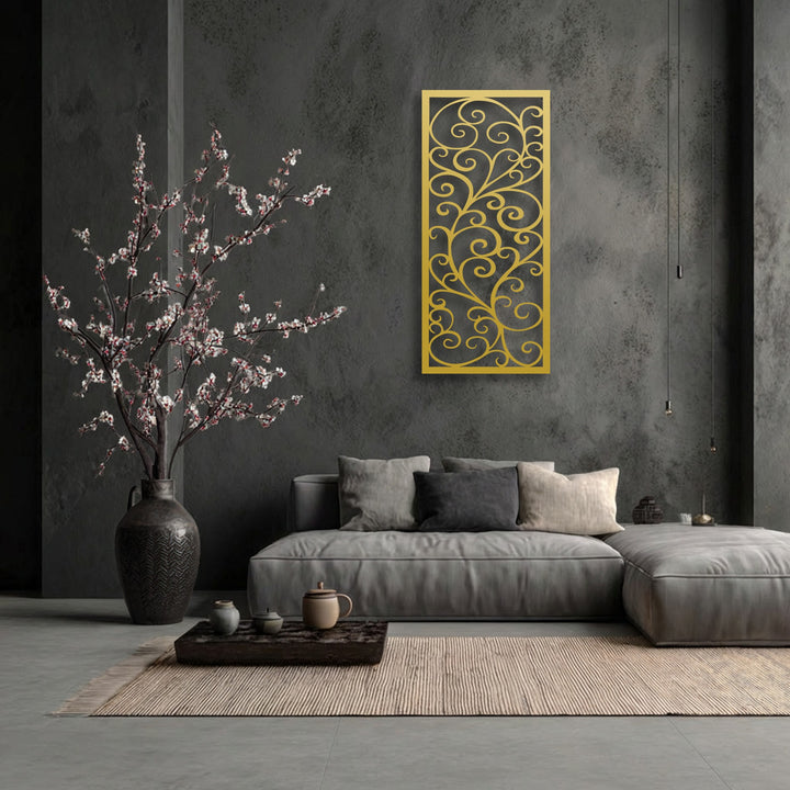 The cool-toned, dark grey room is warmed by the vibrant golden Elegant Scroll Pattern metal wall decor, creating a striking visual contrast.