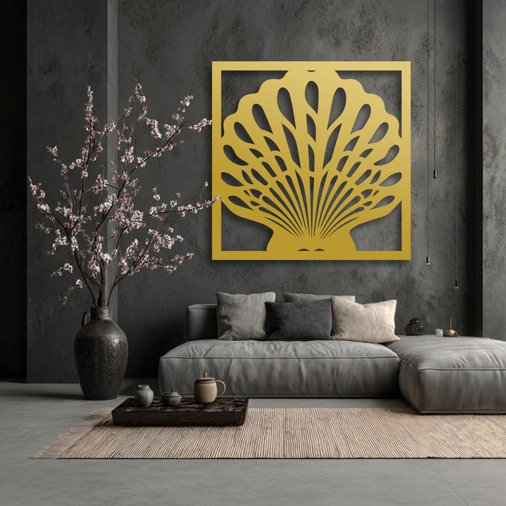 The layering effect highlights the striking golden seashell frame metal decoration wall art against the deep gray wall, creating visual depth.