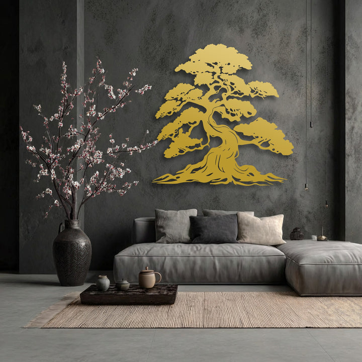 The focal point features an intricate golden bonsai tree metal wall decor, providing a captivating statement on a dark textured wall.