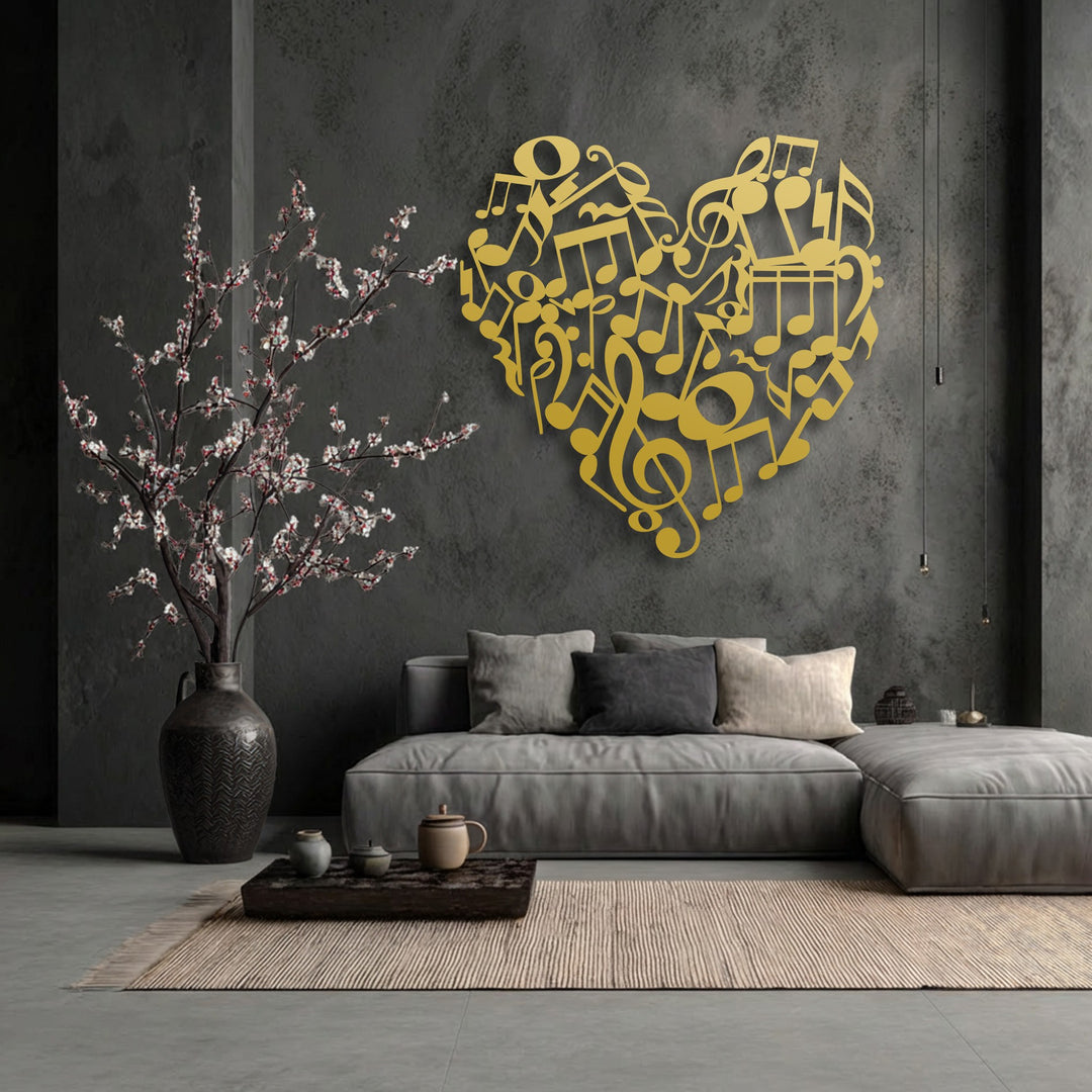 The intricate geometric elements of a large heart-shaped metal artwork, composed entirely of stylized music notes, adorns a textured dark wall.