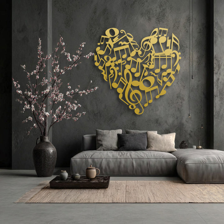 The intricate geometric elements of a large heart-shaped metal artwork, composed entirely of stylized music notes, adorns a textured dark wall.