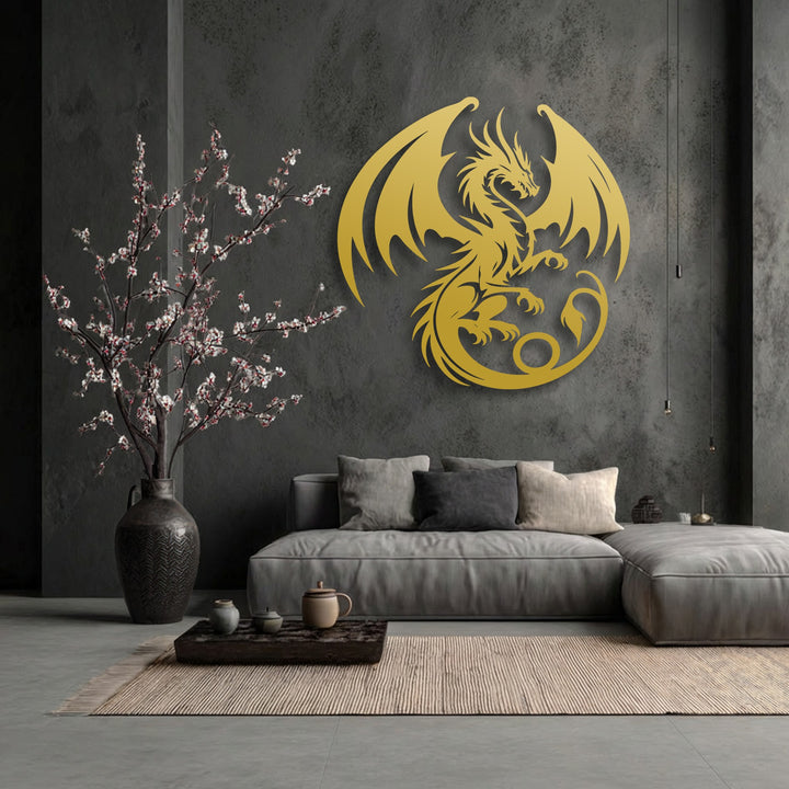 The majestic golden dragon with dramatic spread wings creates a striking focal point as vivid decoration wall art on the textured gray wall.