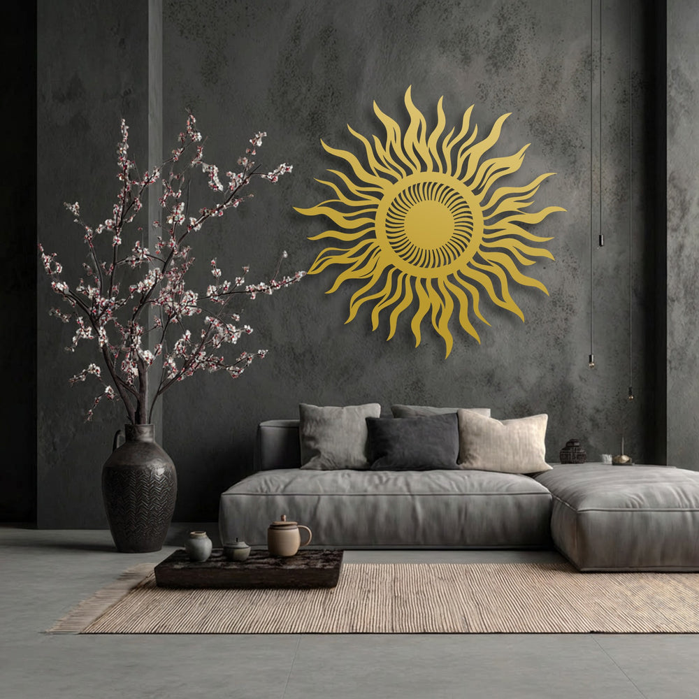 The striking visual rhythm of this golden abstract sun decorative metal art emanates from its flowing rays against a dark, textured wall.
