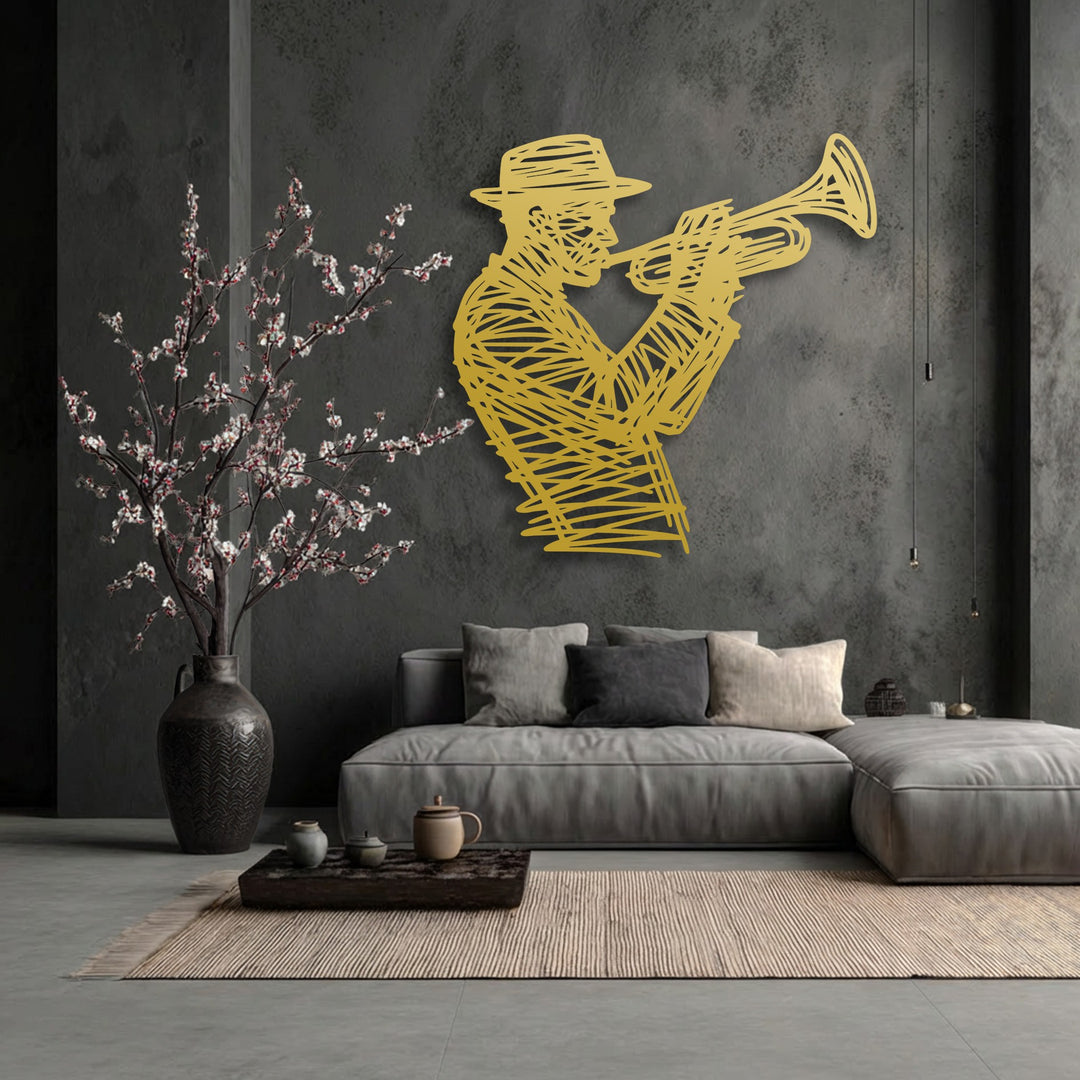 The focal point is a striking golden abstract line art jazz trumpet player metal wall decor prominently displayed on a dark textured wall.
