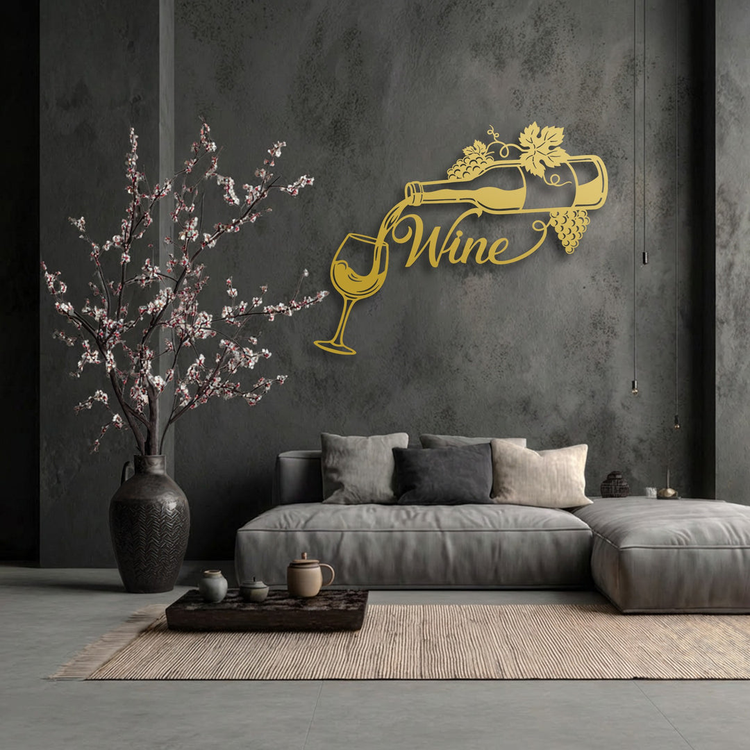 The foreground displays a textured rug, a wooden tray with small pots, and a decorative vase, enhancing the elegant pouring wine metal art for wall.