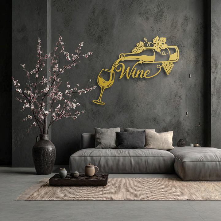 The foreground displays a textured rug, a wooden tray with small pots, and a decorative vase, enhancing the elegant pouring wine metal art for wall.