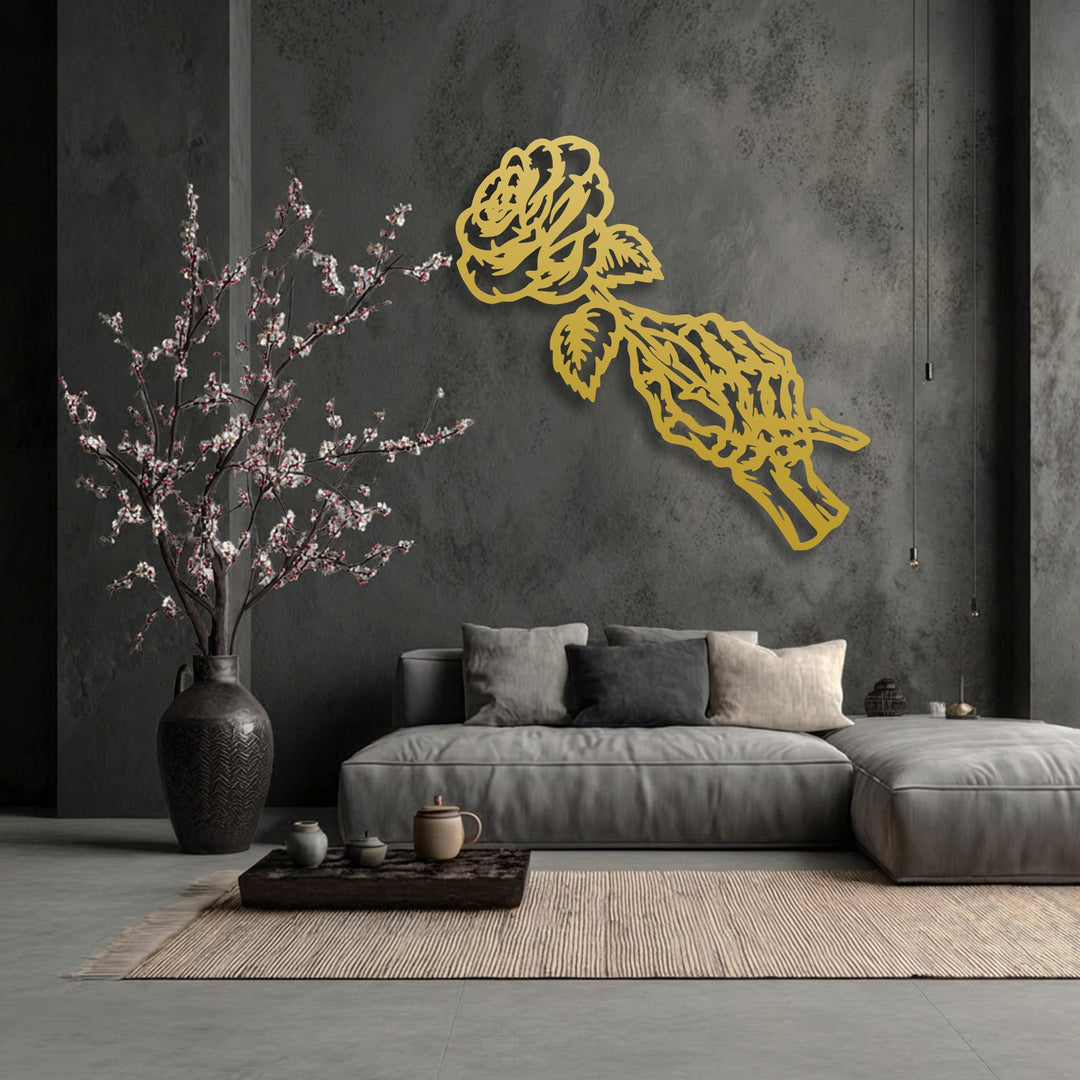Muted color saturation highlights the vibrant gold Gothic Rose Skeleton metal decoration wall art against the somber background.