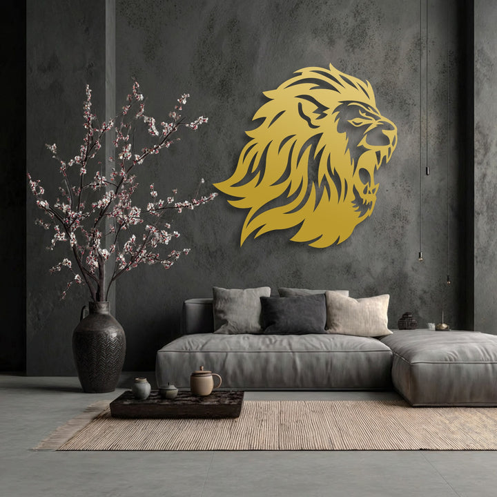 A textured dark gray wall forms the backdrop for the prominent roaring lion head decorative metal art, creating bold animal decor.