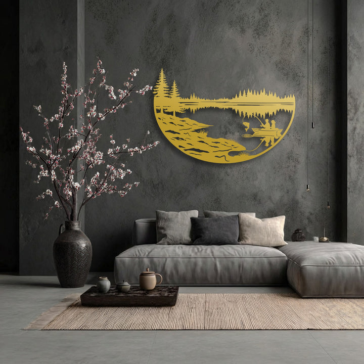 The sharp transition from the deep charcoal wall to the vibrant golden decorative metal art creates a striking visual contrast in this peaceful fishing lake scene.