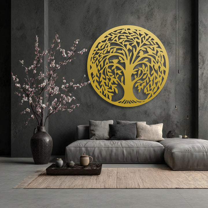 A ribbed light brown rug and a dark wooden tray with ceramic pots anchor the foreground, leading to a stylish decorative metal art piece.