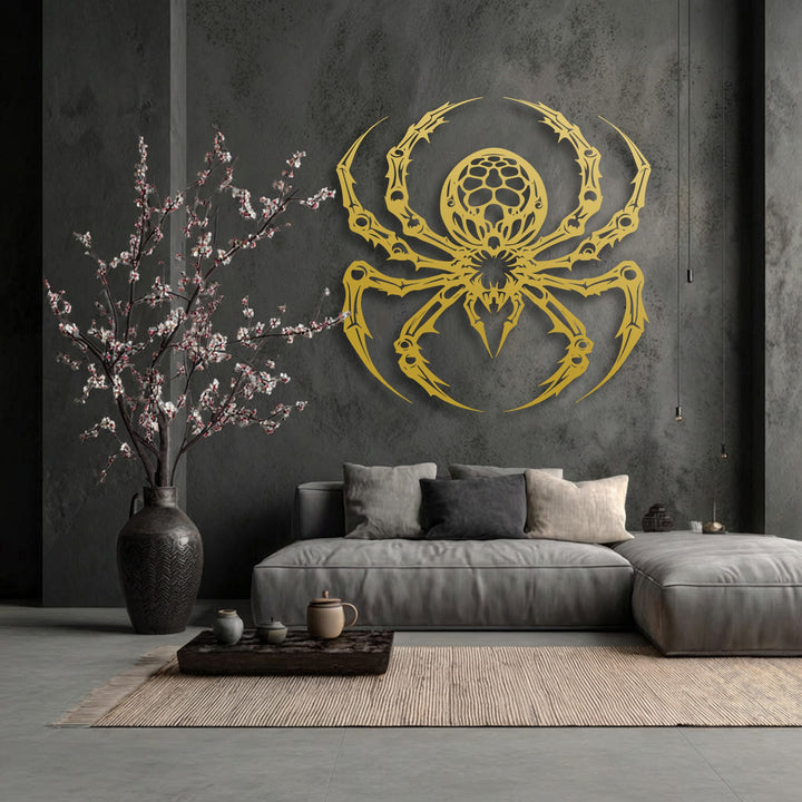 A textured jute rug stretches across the foreground, leading the eye towards the bold Dark Arachnid Force gothic spider metal decoration wall art.