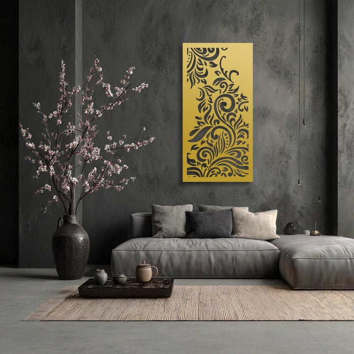 The abstract, intricate floral swirl design of the unique metal wall art offers a vibrant focal point in the minimalist room.