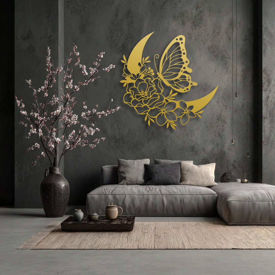 Against a rich charcoal grey wall, a radiant golden butterfly and floral crescent metal art for wall piece beautifully adorns the modern living space.
