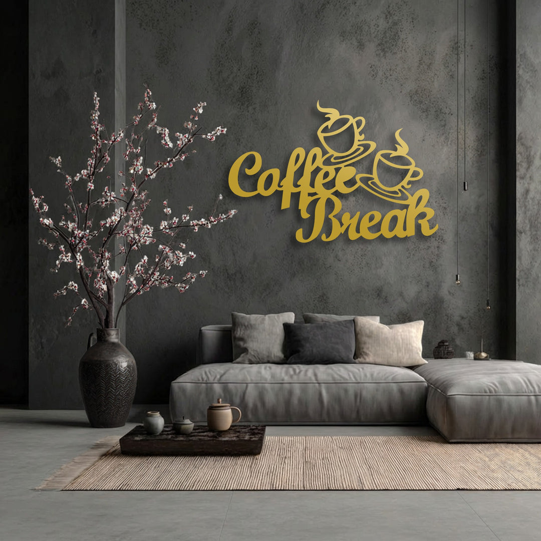 The organic forms of delicate flowering branches and elegant 'Coffee Break' decorative metal art with steaming cups beautifully adorn this space.