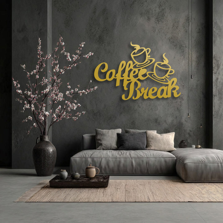 The organic forms of delicate flowering branches and elegant 'Coffee Break' decorative metal art with steaming cups beautifully adorn this space.