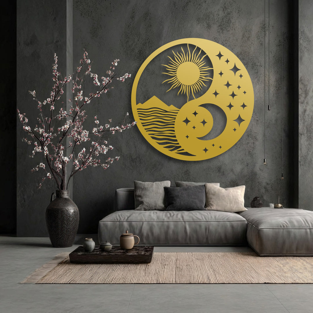 The cool-toned setting features striking golden decorative metal art depicting a sun, moon, and landscape, complemented by delicate cherry blossoms.
