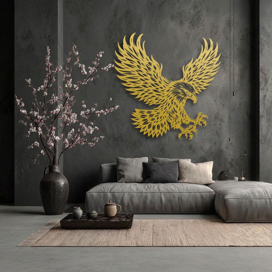 Subtle light and shadow sculpt the textured walls, accentuating the dramatic presence of the unique metal wall art depicting a majestic eagle in flight.