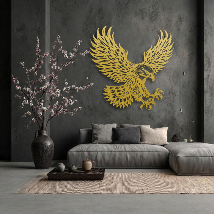 Subtle light and shadow sculpt the textured walls, accentuating the dramatic presence of the unique metal wall art depicting a majestic eagle in flight.