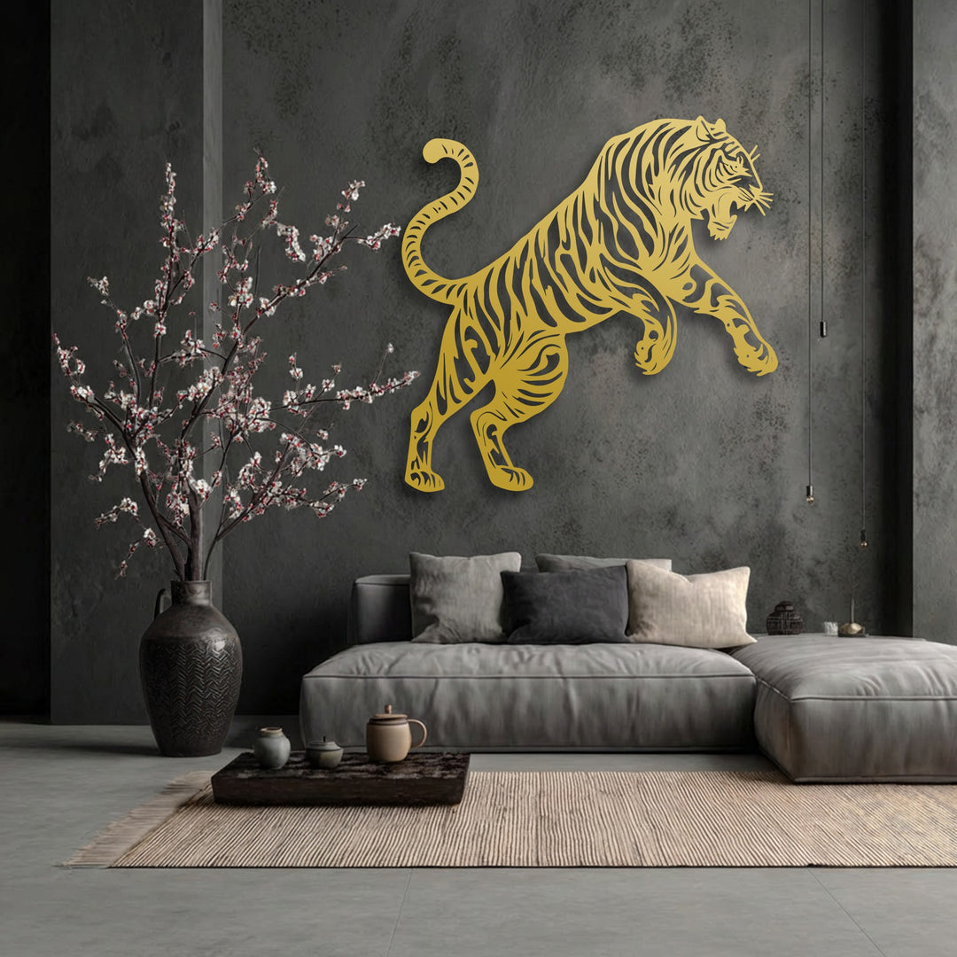 Smooth Tiger Metal Wall Art contrasts textured concrete, soft fabrics, and a woven rug, creating rich decoration wall art.