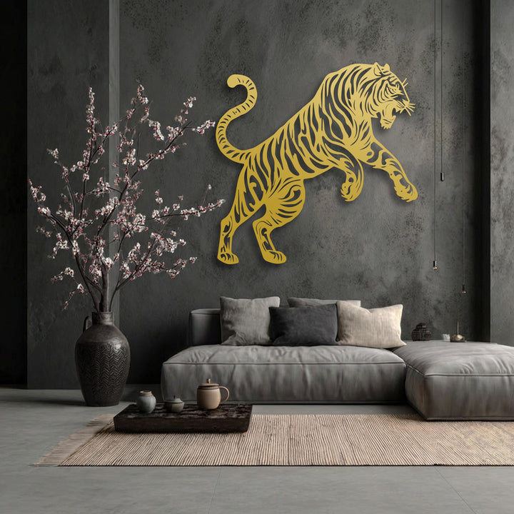 Smooth Tiger Metal Wall Art contrasts textured concrete, soft fabrics, and a woven rug, creating rich decoration wall art.