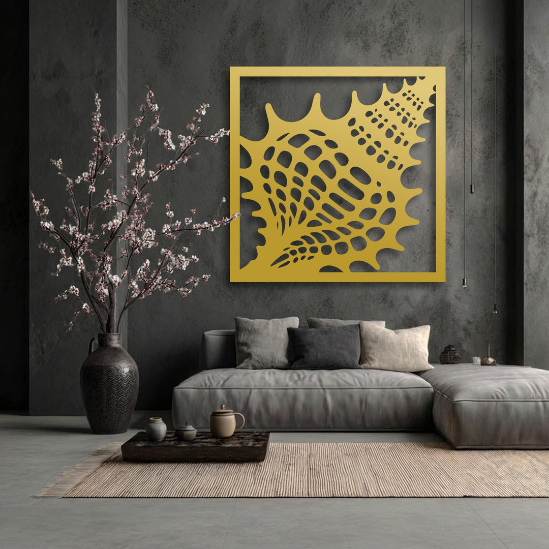 Stillness emanates from the unique golden metal wall art, an ocean texture seashell frame calming the contemporary room.