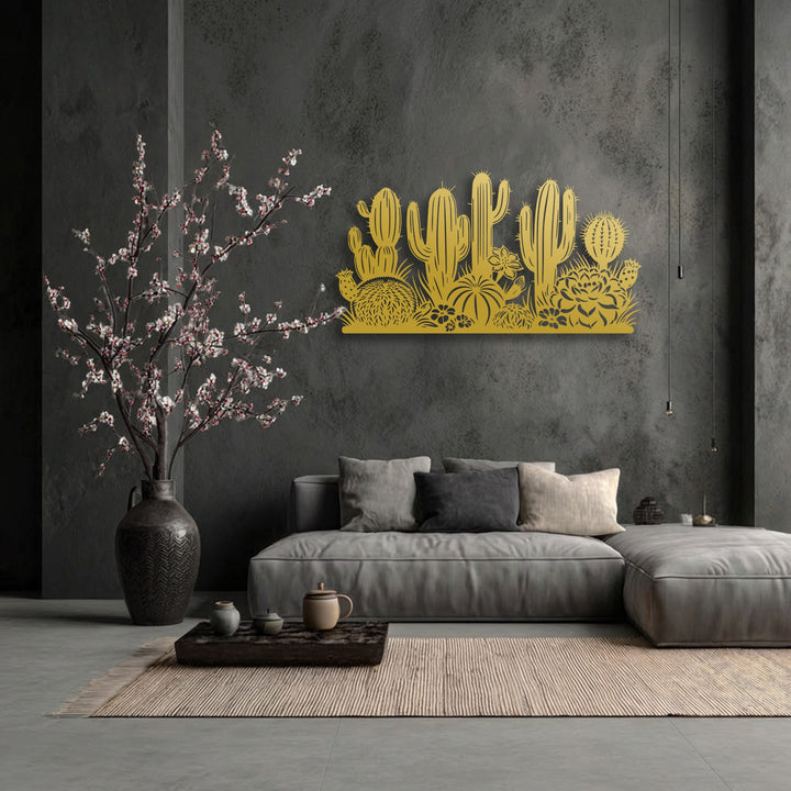 Geometric golden desert cactus silhouettes create striking metal decoration wall art, complemented by the rigid lines of the furniture.