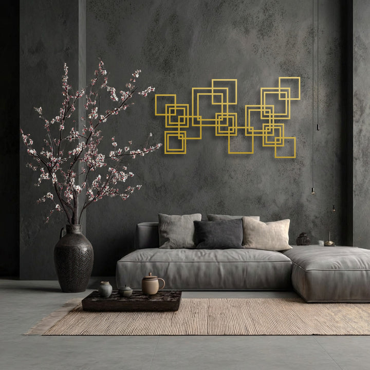 Stillness fills a modern living room, with delicate blossoms and an elegant interlocking squares decorative metal art display.