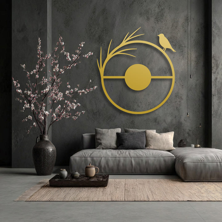 Striking golden minimal bird circle metal artwork vividly stands out against a dark, textured wall in a modern, serene interior.