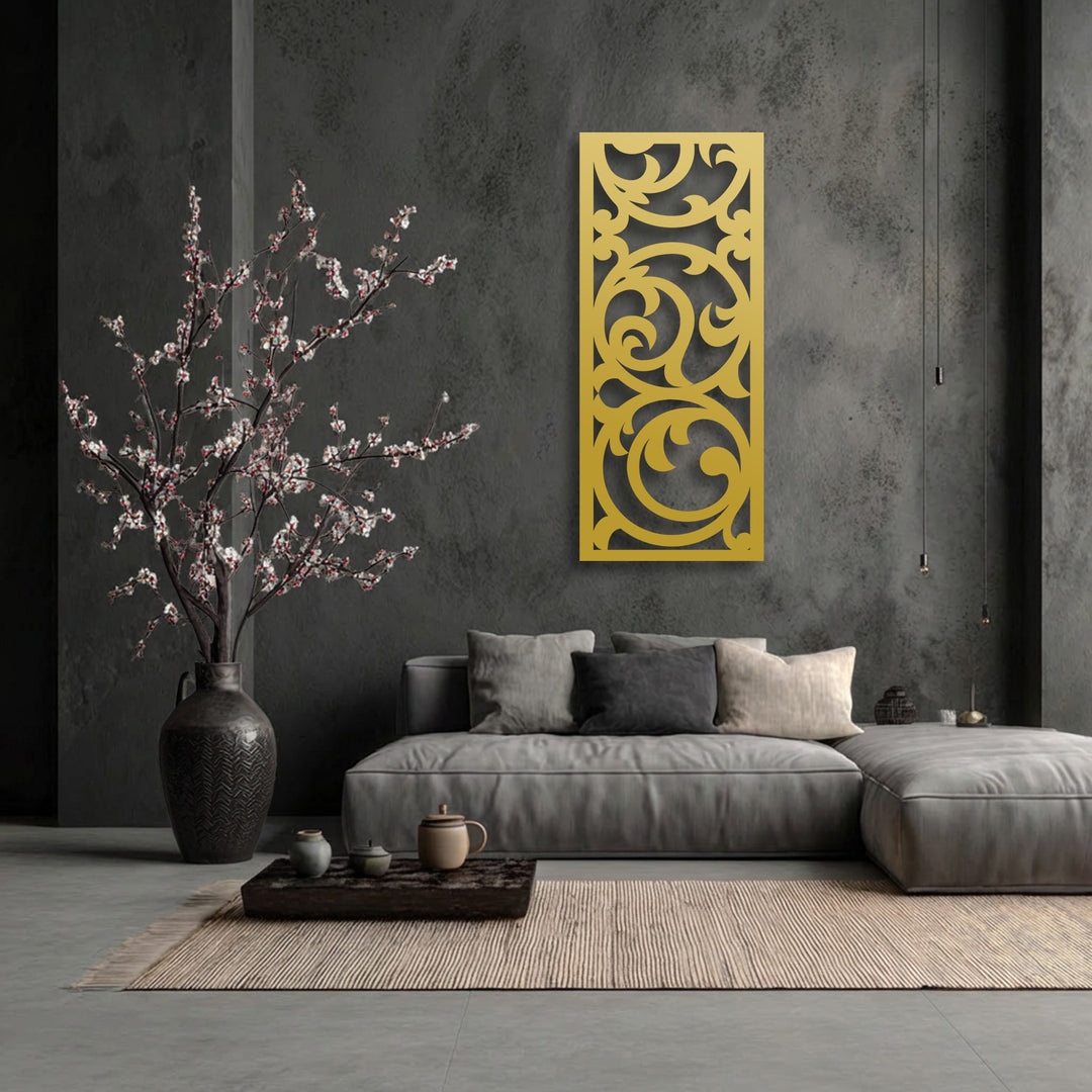 Ornate geometric elements sculpt this golden metal decoration wall art panel with elegant baroque scrollwork.