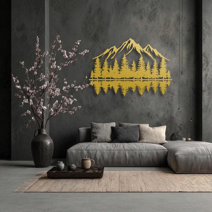 The visual rhythm created by the reflective golden mountain forest metal wall decor on the textured dark wall draws the eye down.
