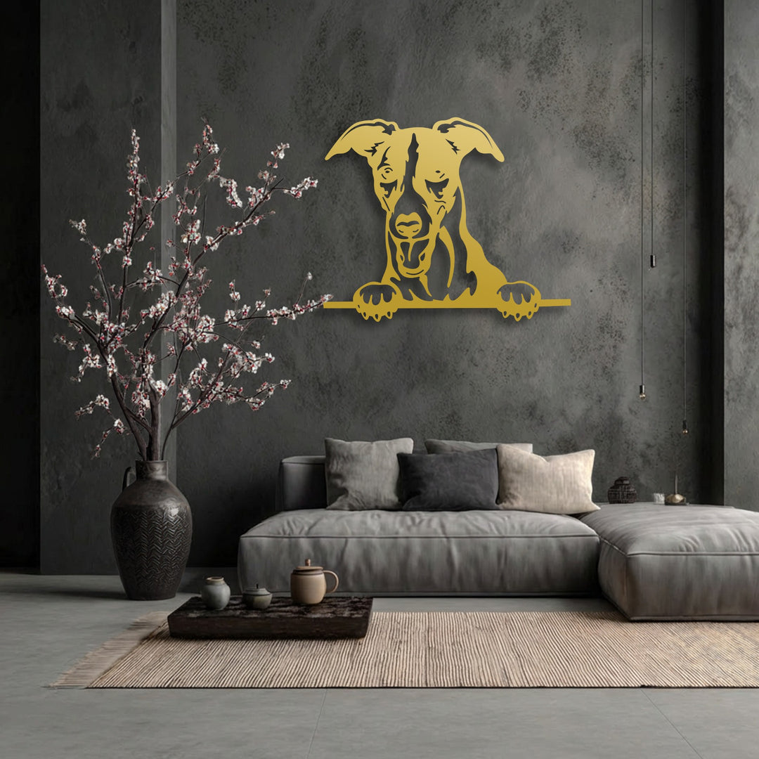 The extensive negative space of the dark textured wall dramatically frames the golden Curious Puppy Peeking metal artwork, highlighting the playful dog silhouette.
