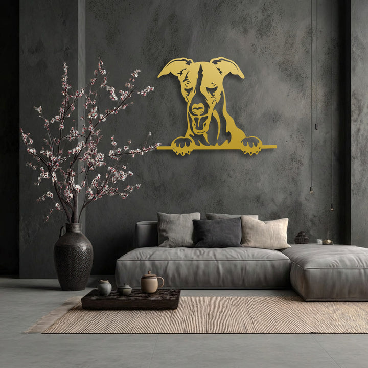 The extensive negative space of the dark textured wall dramatically frames the golden Curious Puppy Peeking metal artwork, highlighting the playful dog silhouette.