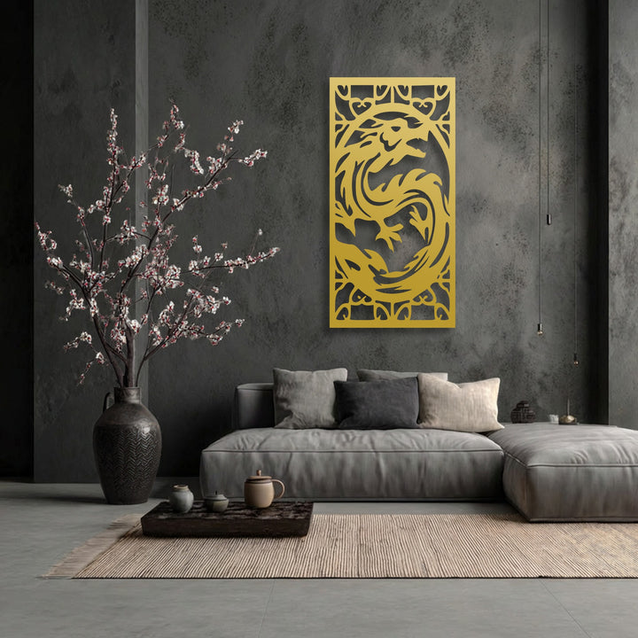 The high color saturation of a vibrant golden fierce dragon unique metal wall art panel stands out against the room's desaturated grey tones.