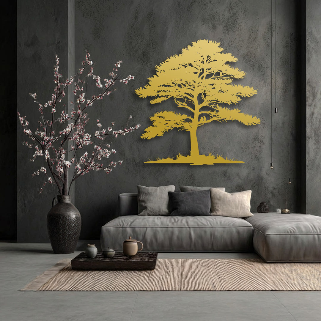 The vivid color contrast showcases a golden tree silhouette metal artwork against a deep charcoal wall, accentuated by white blossoms.