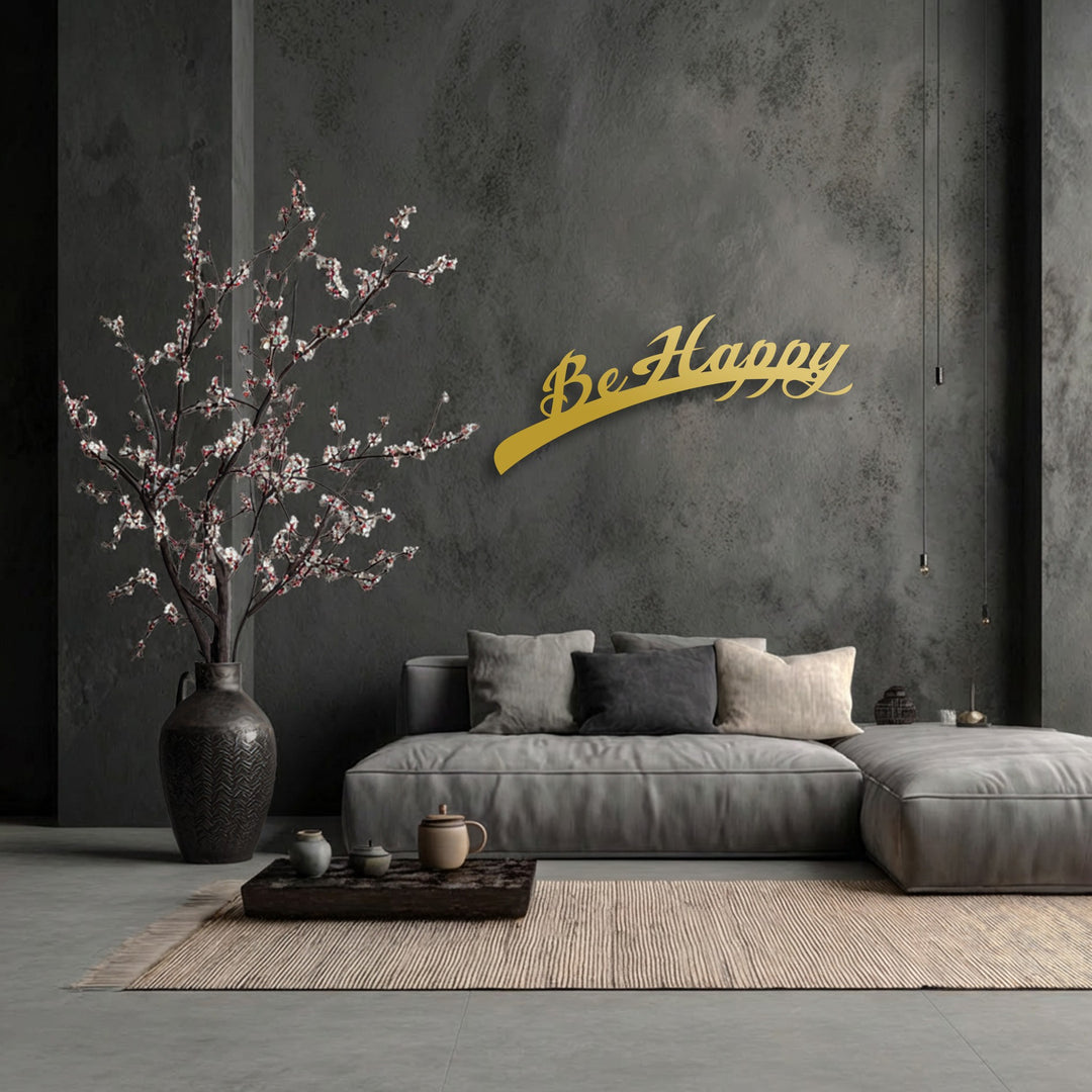 The stillness of a serene interior is captured with the uplifting 'Be Happy' metal wall art, serving as elegant decoration wall art.
