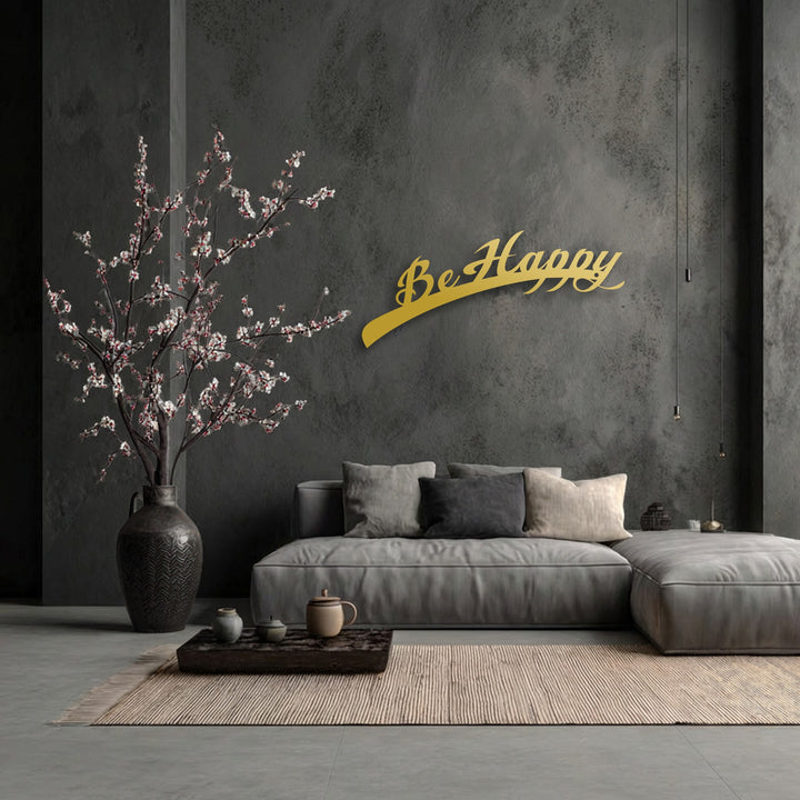 The stillness of a serene interior is captured with the uplifting 'Be Happy' metal wall art, serving as elegant decoration wall art.