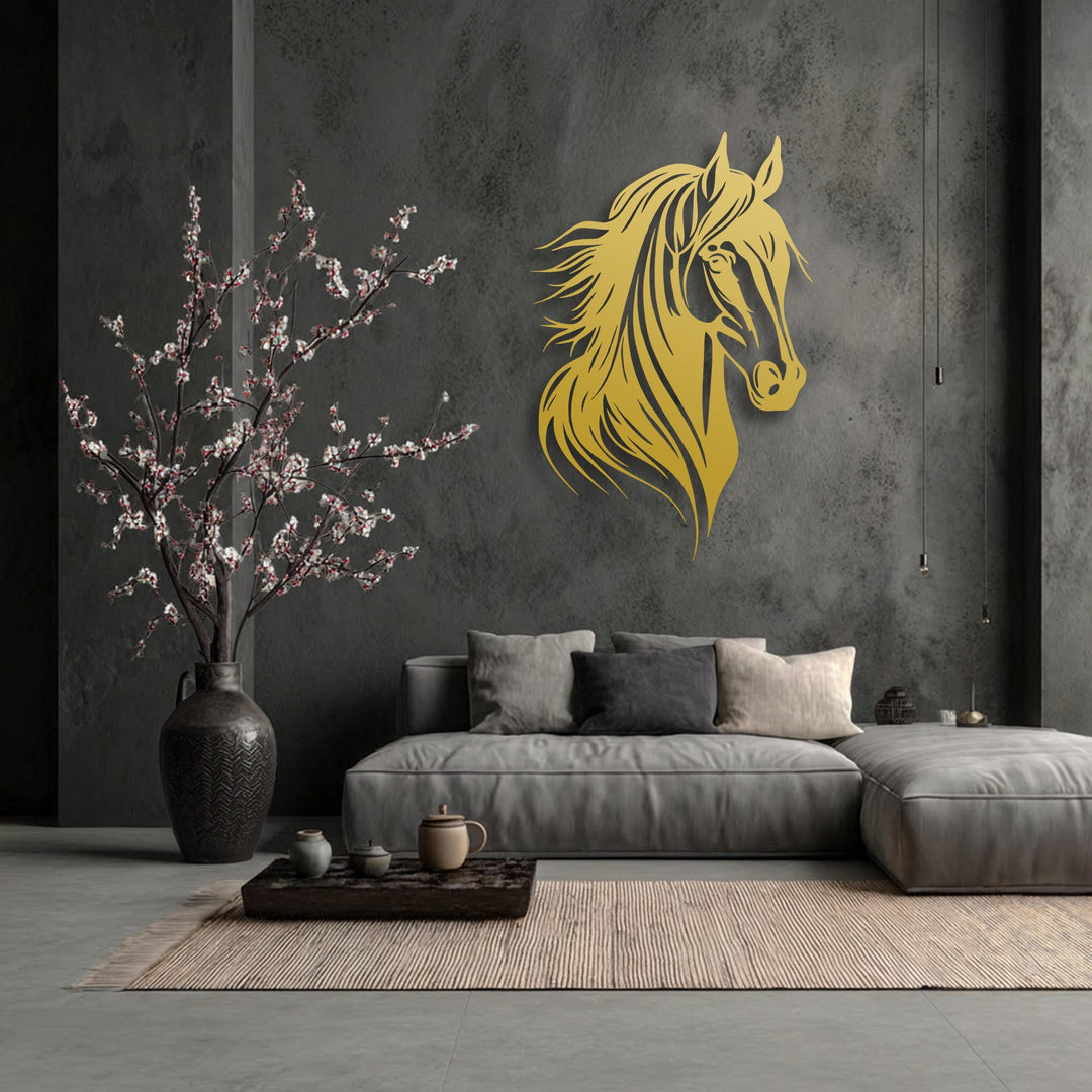 The textured dark gray wall serves as a sophisticated backdrop for elegant metal artwork featuring a graceful horse head.