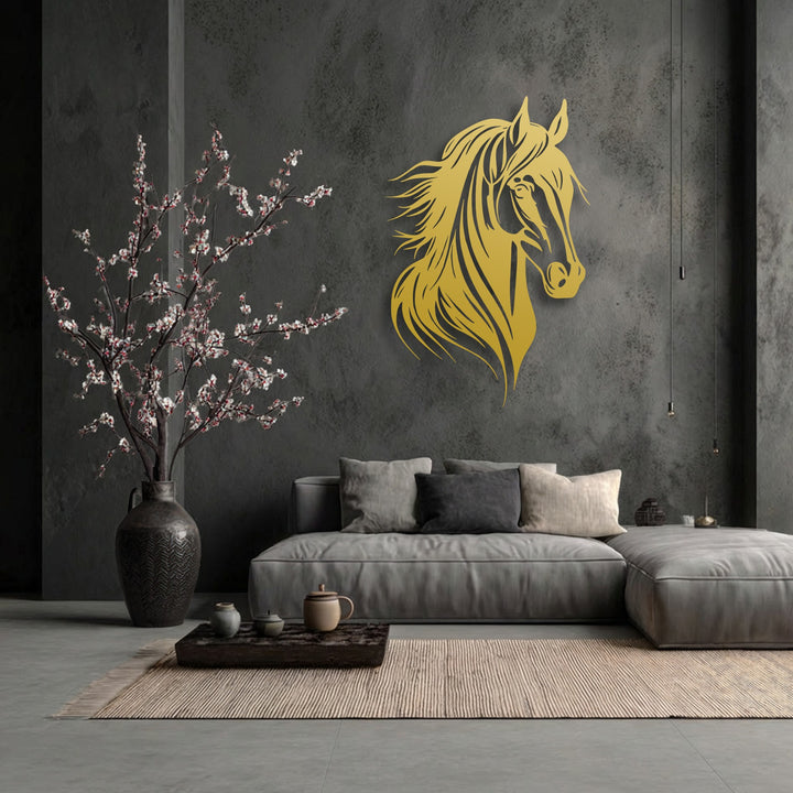The textured dark gray wall serves as a sophisticated backdrop for elegant metal artwork featuring a graceful horse head.