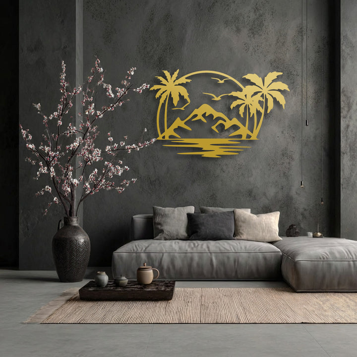 A room primarily in rich charcoal gray hues features a striking golden tropical island decorative metal art piece above a modern sofa.