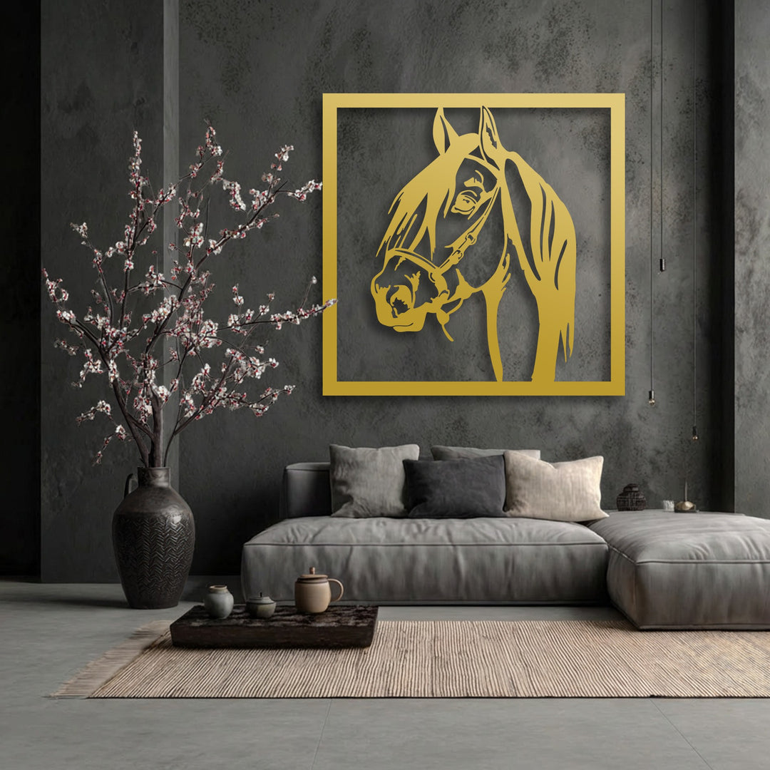 The stillness of the dark-toned room is accentuated by the striking gold graceful stallion portrait metal artwork, complementing subtle blossoms.
