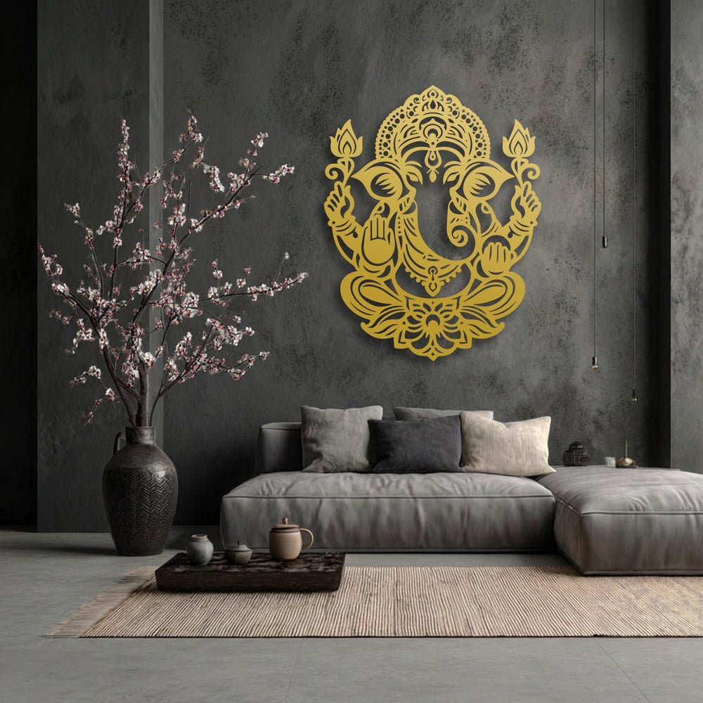 The serene organic forms of the Sacred Ganesha Lotus decorative metal art, blooming branches, and plush cushions create a peaceful ambiance.