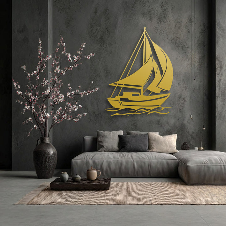 A dark charcoal gray textured wall provides a dramatic backdrop for elegant sailing boat decorative metal art in a stylish living space.